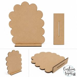 Raw MDF cloud-shaped freestanding sign blank with slot-in base, shown from front, side and angled views. Unpainted DIY display sign for weddings, baby showers, birthdays, retail displays and event signage, available in A3, A2 and A1 sizes