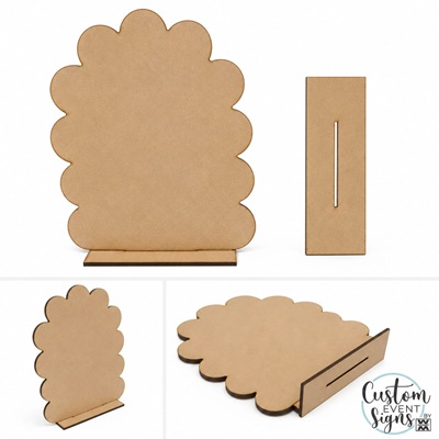 Raw MDF cloud-shaped freestanding sign blank with slot-in base, shown from front, side and angled views. Unpainted DIY display sign for weddings, baby showers, birthdays, retail displays and event signage, available in A3, A2 and A1 sizes
