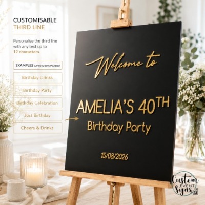 Personalised birthday welcome sign with raised acrylic lettering displayed on an easel at a birthday celebration.