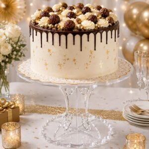 Elegant cake displayed on a clear acrylic 8-inch round cake stand