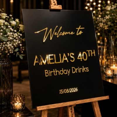 Modern personalised birthday welcome sign crafted from acrylic with raised 3D lettering, displayed on an easel as a stylish entrance feature for a birthday celebration.