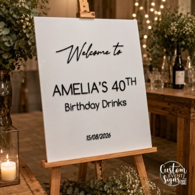 Custom birthday welcome sign with 3D raised acrylic lettering showing personalised event text options such as Birthday Drinks, Birthday Party, and Celebration.