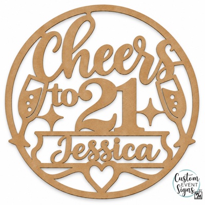 Laser cut 6mm MDF 21st birthday sign displayed on a party room wall