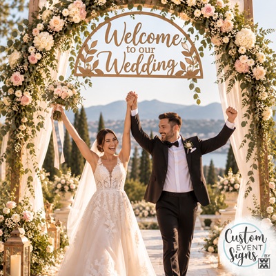 6mm raw MDF Welcome to Our Wedding sign displayed on a decorated wedding arch